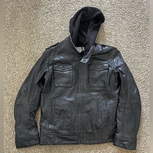 Men's Black Leather Fleece Lined Jacket with Removable Hood